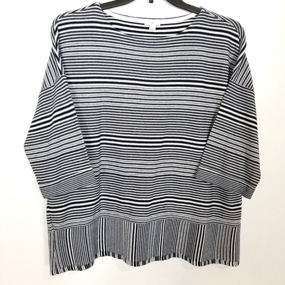 J. Jill  Women Top Sz XL Black White Stripe Knit‎ Boxy 3/4 Sleeve Cotton Blend